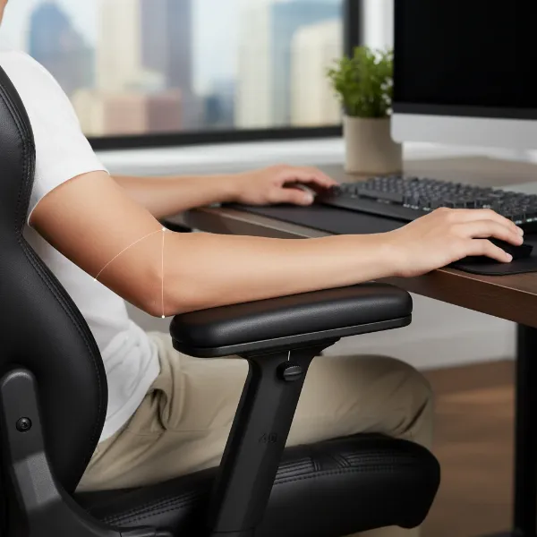 Close-up of an ergonomic chair's 4D adjustable armrests supporting a user's arms at a desk.