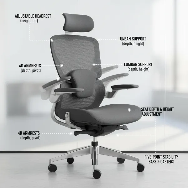 Close-up of a modern ergonomic office chair highlighting its adjustable components like headrest, lumbar, and armrests.