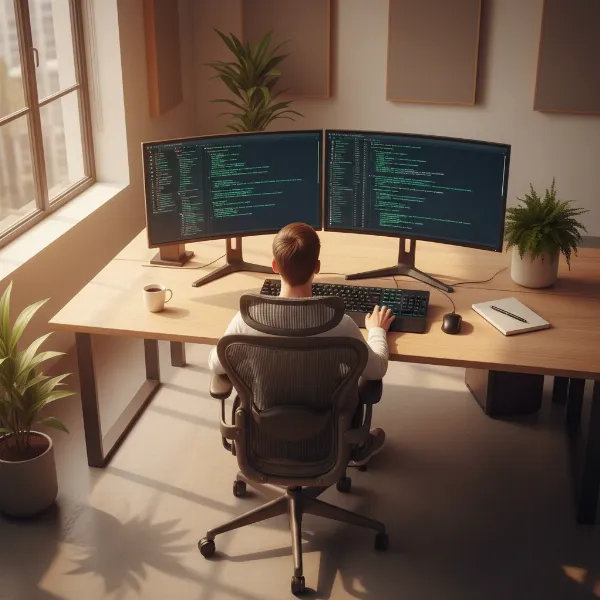 A programmer sitting comfortably in an ergonomic chair with multiple monitors, coding with good posture