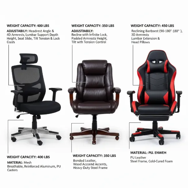 Side-by-side comparison of various big and tall ergonomic chairs for heavy users (400lbs+), showcasing different designs and features