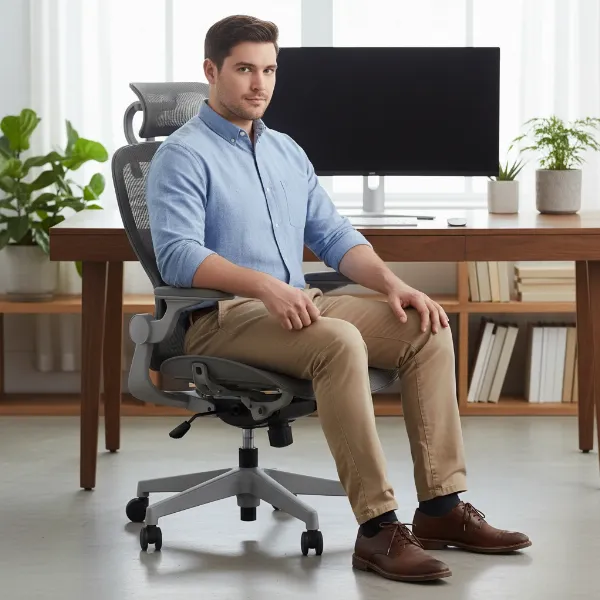 A person in a big and tall ergonomic chair making adjustments, highlighting key features from the buying guide