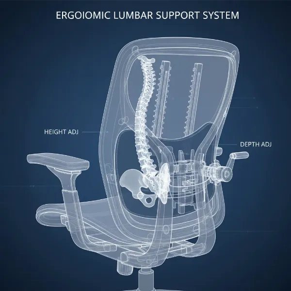 Diagram of an ergonomic chair showing adjustable lumbar support for the lower back.