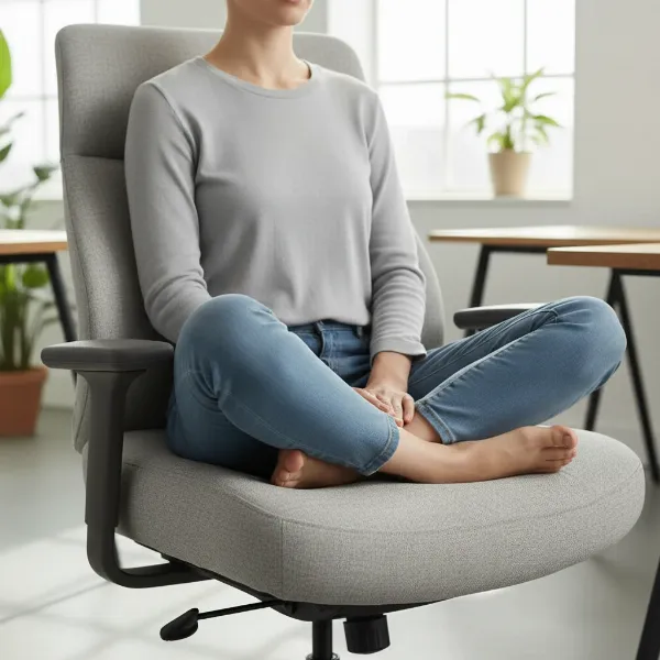 Close-up of a person sitting cross-legged comfortably in an ergonomic office chair, highlighting proper posture and support.
