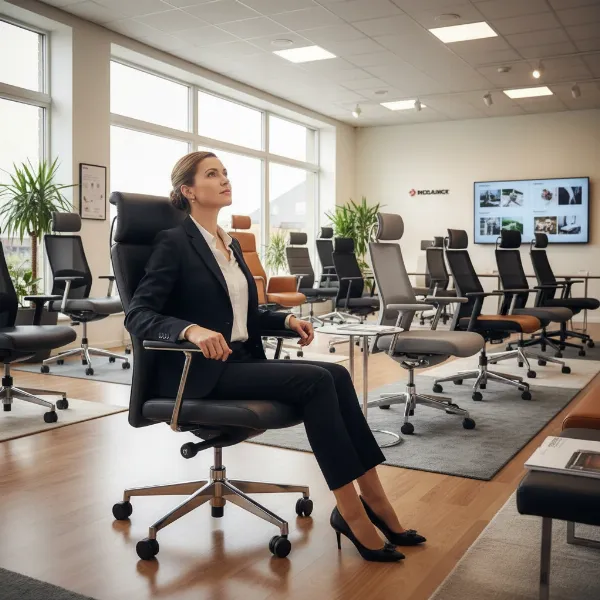 A customer testing different executive ergonomic chairs in a modern showroom.