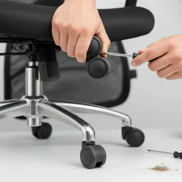 A person demonstrating how to disassemble an office chair caster for thorough hair removal and cleaning.