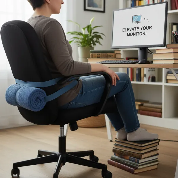 Person demonstrating DIY ergonomic hacks for a standard office chair