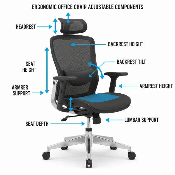 Diagram of an ergonomic chair highlighting its adjustable parts like seat, backrest, armrests