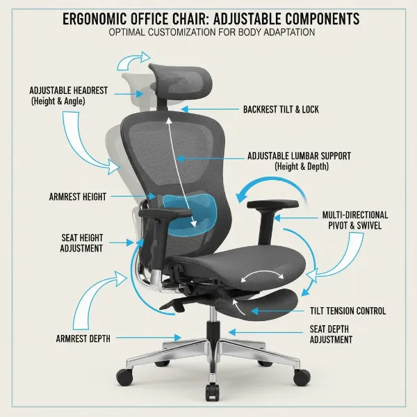 Close-up diagram highlighting adjustable components of an ergonomic office chair.