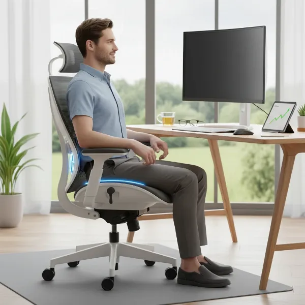An ergonomic chair promoting good posture with a person sitting comfortably, highlighting health benefits and increased productivity in an office setting.