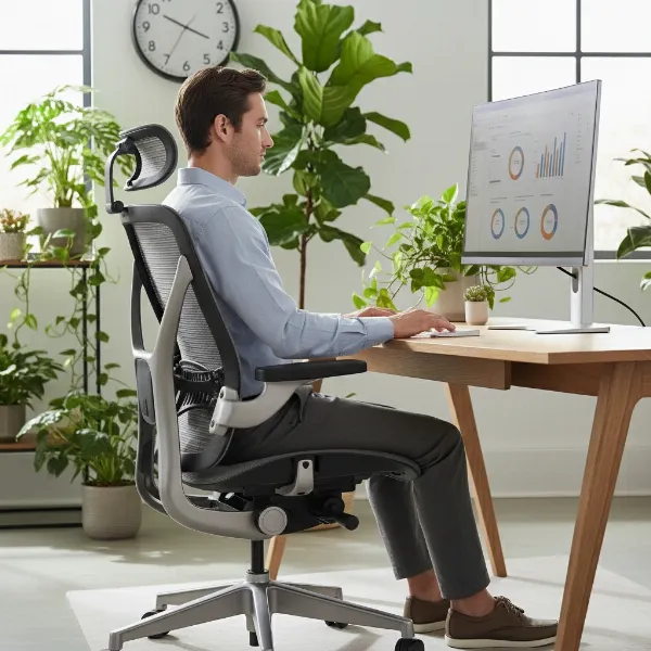 An ergonomic office chair supporting good posture and reducing back pain, with a focus on spine alignment