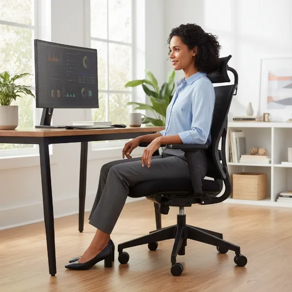 Person sitting in ergonomic chair, showing good posture and comfort, reducing back and neck pain