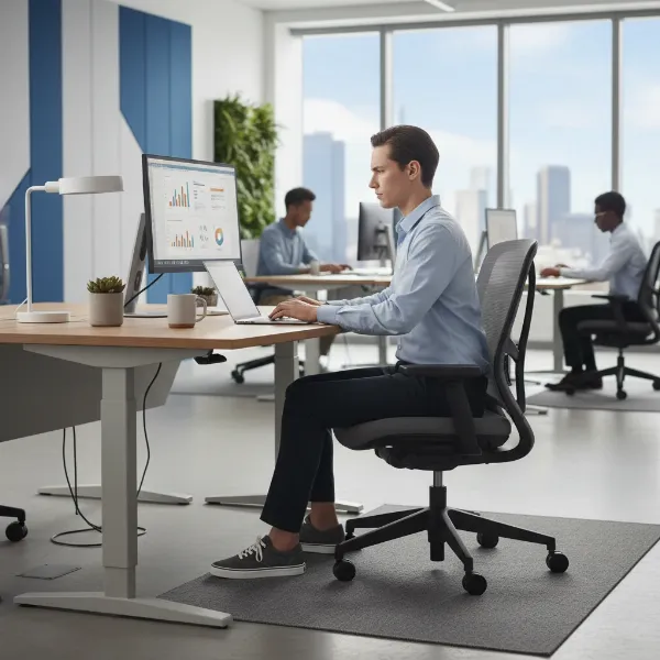 Person working comfortably at desk, demonstrating good posture, increased focus, and productivity.
