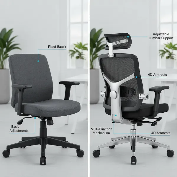 A side-by-side comparison illustrating key components and design philosophies of a generic chair versus a premium ergonomic chair.