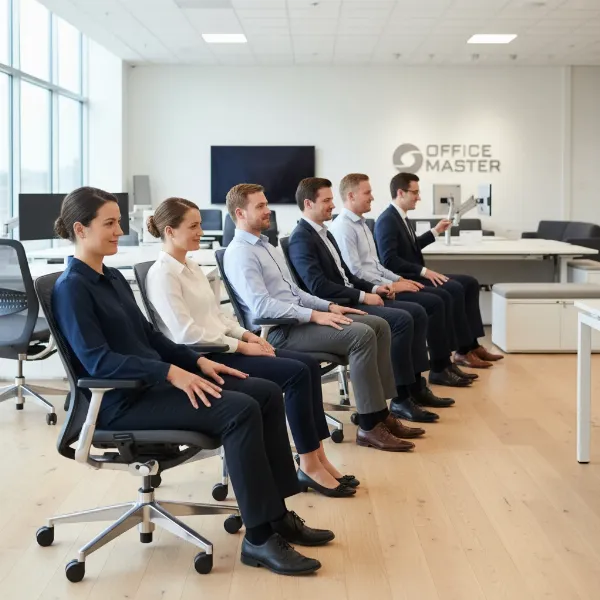 A person trying out an Office Master OM5 chair in a showroom, making sure it fits their needs
