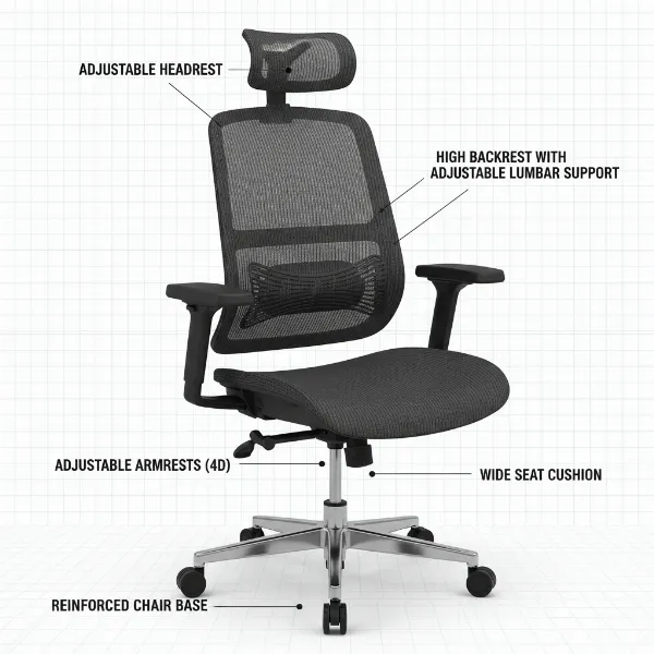 Key components of a heavy-duty ergonomic chair with detailed labels for each part focusing on big and tall user needs