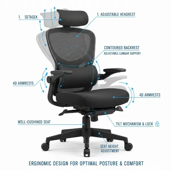 Diagram of an ergonomic office chair highlighting adjustable headrest, backrest, lumbar support, armrests, and seat cushion.