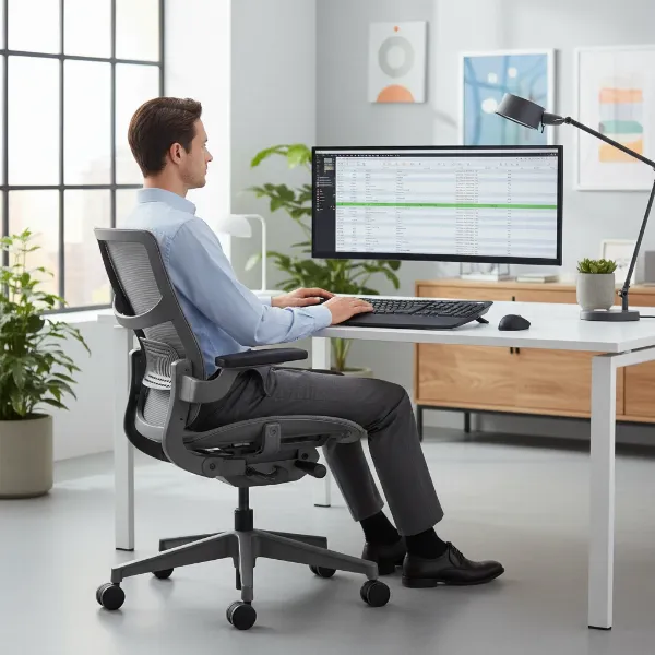An individual sitting in an ergonomic chair with a slight forward tilt, demonstrating excellent posture and engagement with their desk.