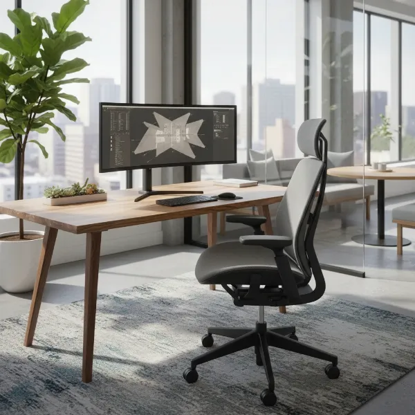 Ergonomic office chair in a modern, well-lit workspace