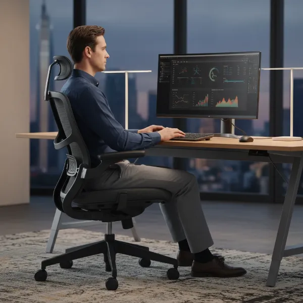 Person sitting with correct ergonomic posture in an adjustable office chair