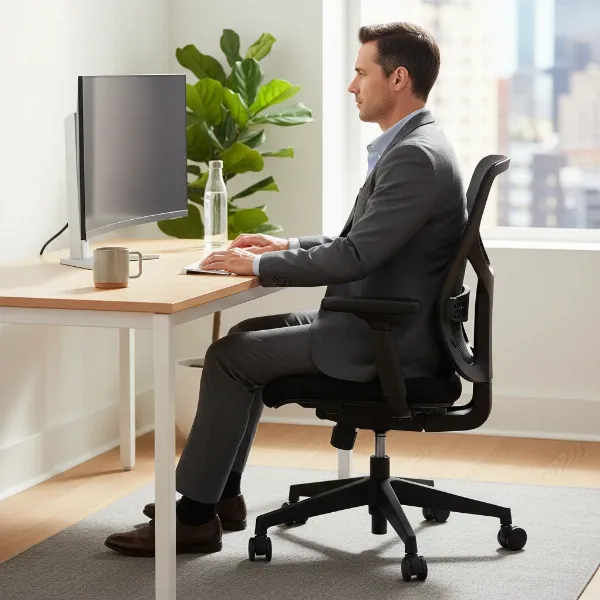 Person sitting comfortably in an ergonomic chair with good posture