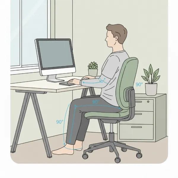 Diagram illustrating the 90-90-90 rule for ergonomic sitting posture at a desk.