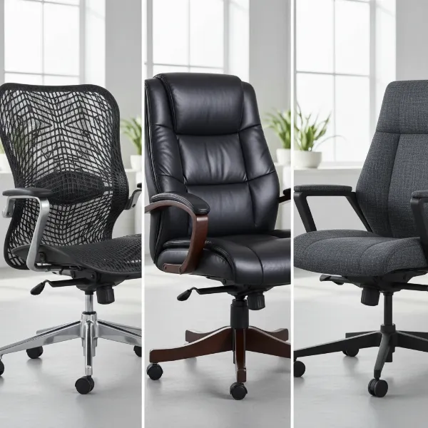Visual comparison of executive chair materials: breathable mesh, luxurious leather, and comfortable fabric.