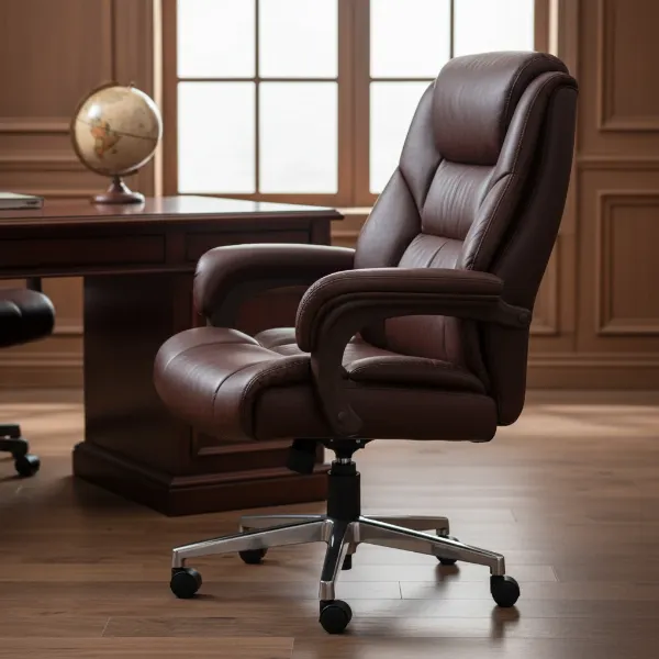 A luxurious dark brown leather ergonomic office chair, exuding professionalism and robust comfort.