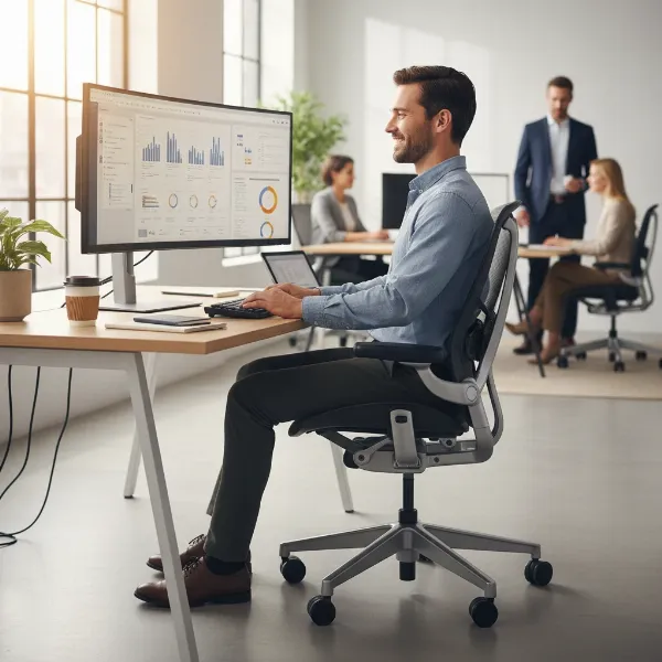 Professional working comfortably in a Haworth Zody ergonomic chair, highlighting posture and focus