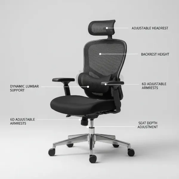 Hbada E3 ergonomic office chair showcasing its adjustable headrest, backrest, armrests, and seat.