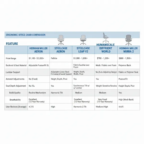 A comparison table highlighting the Herman Miller Aeron against other ergonomic chairs, showing features and benefits for an office setting