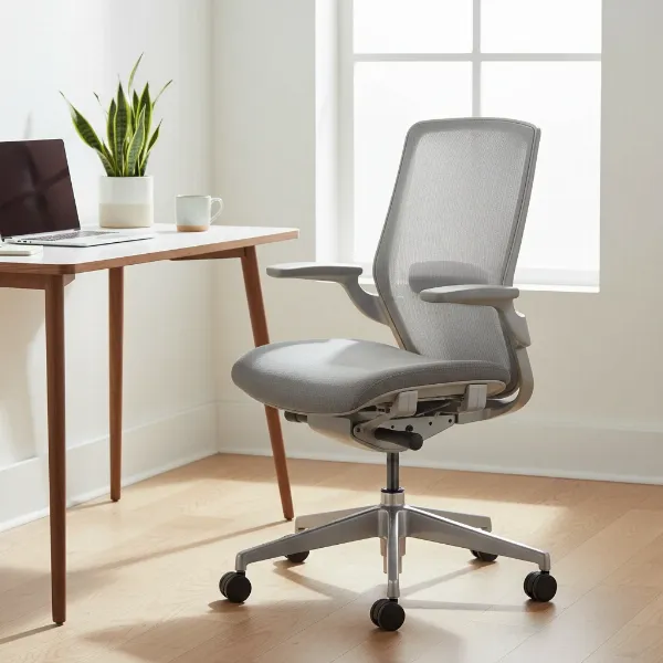 A minimalist Herman Miller Lino ergonomic office chair in a modern home office setting, showing its breathable mesh back and adjustable features.