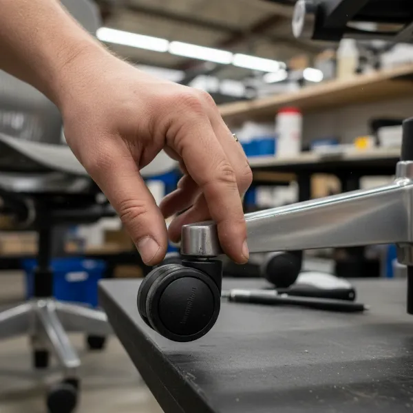 A detailed close-up of a hand inspecting the base and casters of a refurbished Herman Miller Aeron chair for wear and functionality.