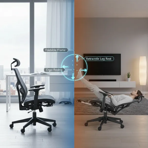 Hinomi H1 Pro ergonomic chair demonstrating its folding mechanism and retractable leg rest