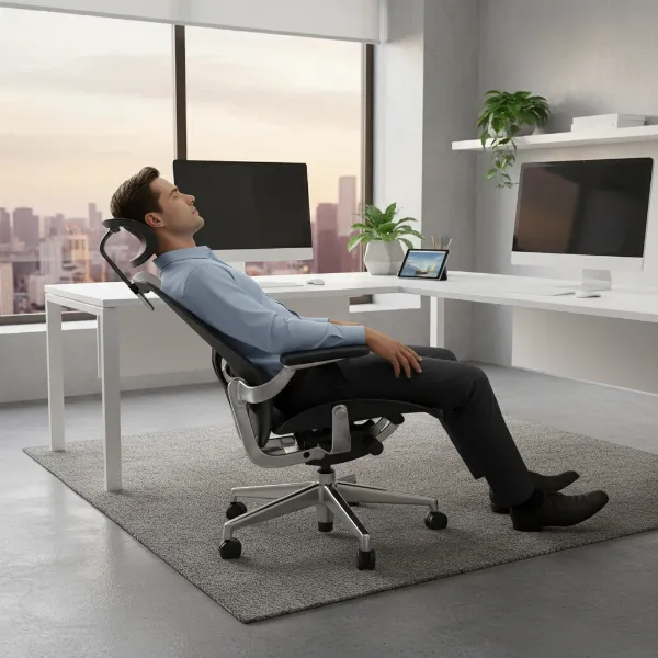 Humanscale Freedom Headrest chair in a reclined position, dynamic headrest supporting neck, modern office setting, professional, comfortable