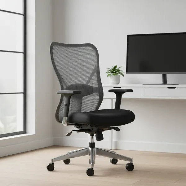 IKEA Markus ergonomic office chair with its mesh back and padded seat for home office use.