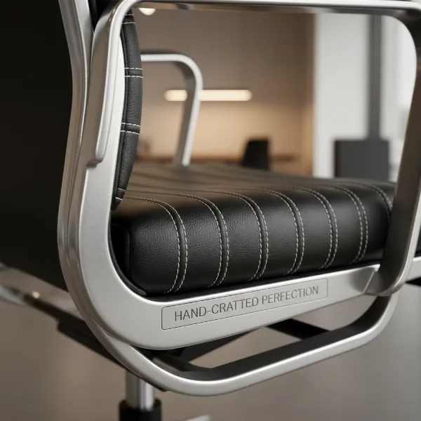 Close-up of Interstuhl Silver chair's premium cast aluminum frame and black leather stitching.