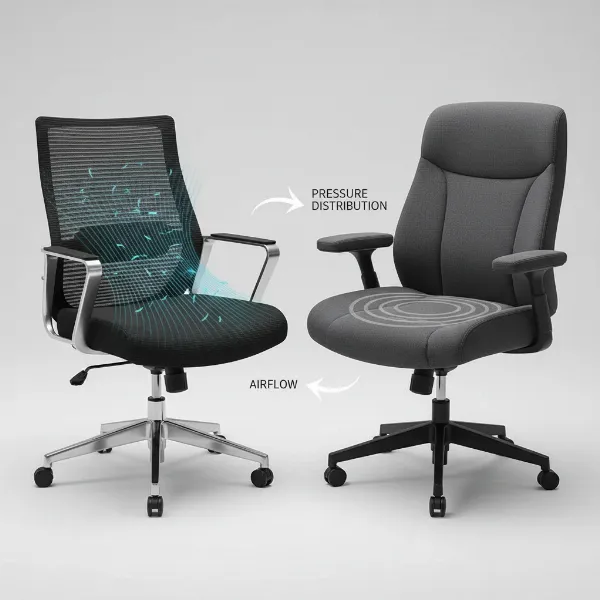 Side-by-side comparison of a mesh office chair and a foam office chair, highlighting breathability vs. cushioning.