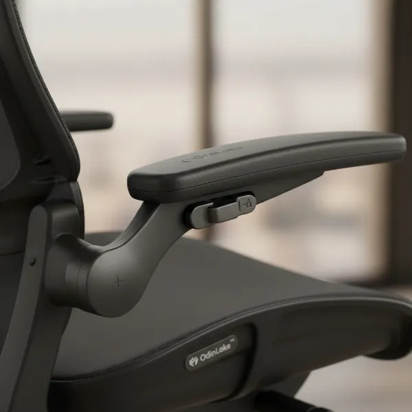 Close-up of OdinLake Ergo Butterfly 753 WireControl armrest, showing paddle shifters for adjustments.