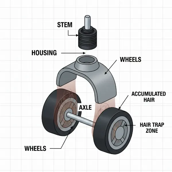 Detailed diagram or close-up of an office chair caster highlighting the axle and hair accumulation areas.