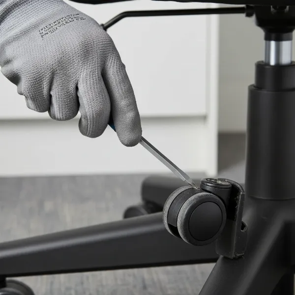 A close-up of a hand using a flathead screwdriver to pry a stubborn office chair caster from its base, demonstrating leverage.