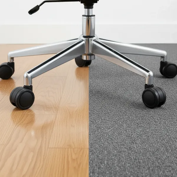 An office chair with two different types of casters, one suitable for hard floors and one for carpet, on a split floor surface to illustrate their application.