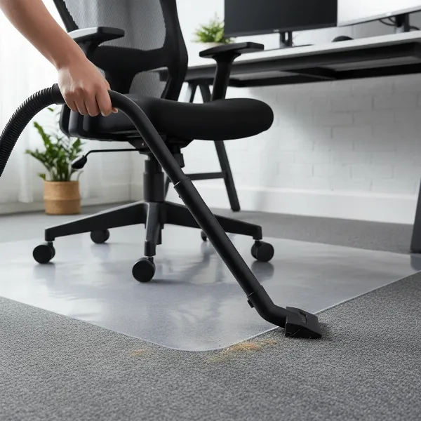 An ergonomic office chair on a protective mat, with someone vacuuming the area to prevent hair buildup.