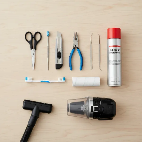 A collection of essential tools for cleaning office chair wheels: scissors, tweezers, brush, vacuum, and lubricant.