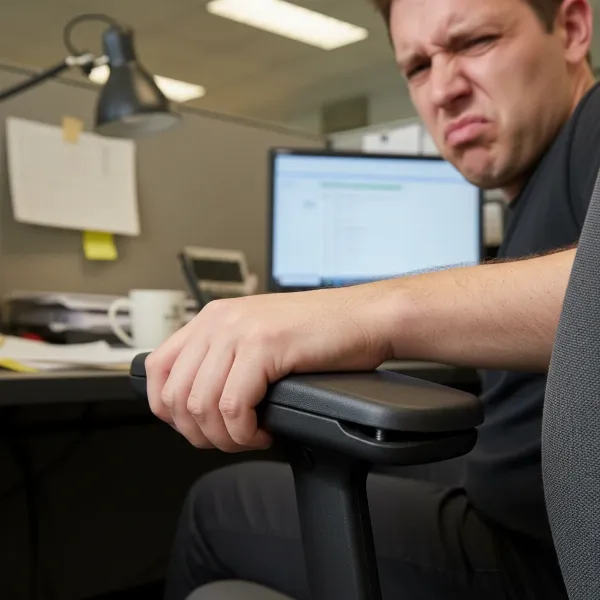Person struggling with an unstable office chair armrest, showing discomfort and reduced focus.