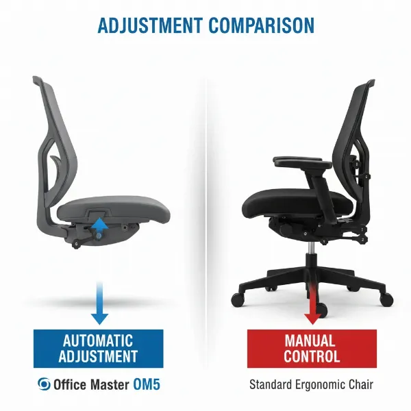 An infographic comparing the Office Master OM5's self-weighing mechanism with other ergonomic chairs' manual adjustments