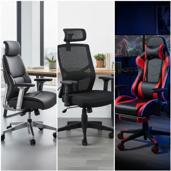 A collage displaying a high-end, a budget-friendly, and a gaming ergonomic chair for heavy users