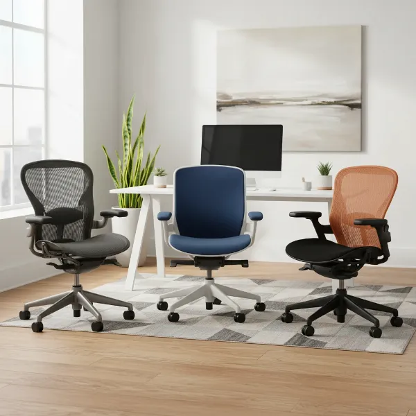 An overview of different refurbished Herman Miller chairs (Aeron, Embody, Sayl) in a modern, clean office setting, showcasing their variety and appeal.