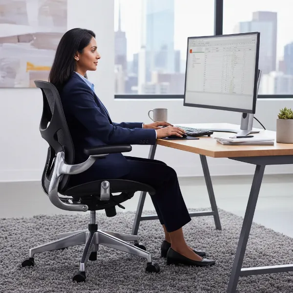 Executive maintaining perfect posture in an ergonomic chair at a desk, focused on work.