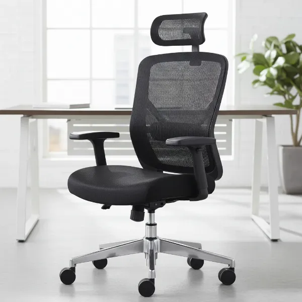 Close-up view of the Sihoo M18 ergonomic chair, highlighting its adjustable components like backrest, headrest, and armrests.