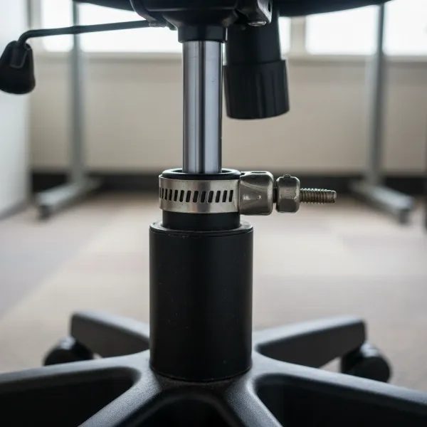 A close-up of an office chair's gas lift cylinder with a metal hose clamp tightened around the exposed silver piston rod, holding it at a fixed height.
